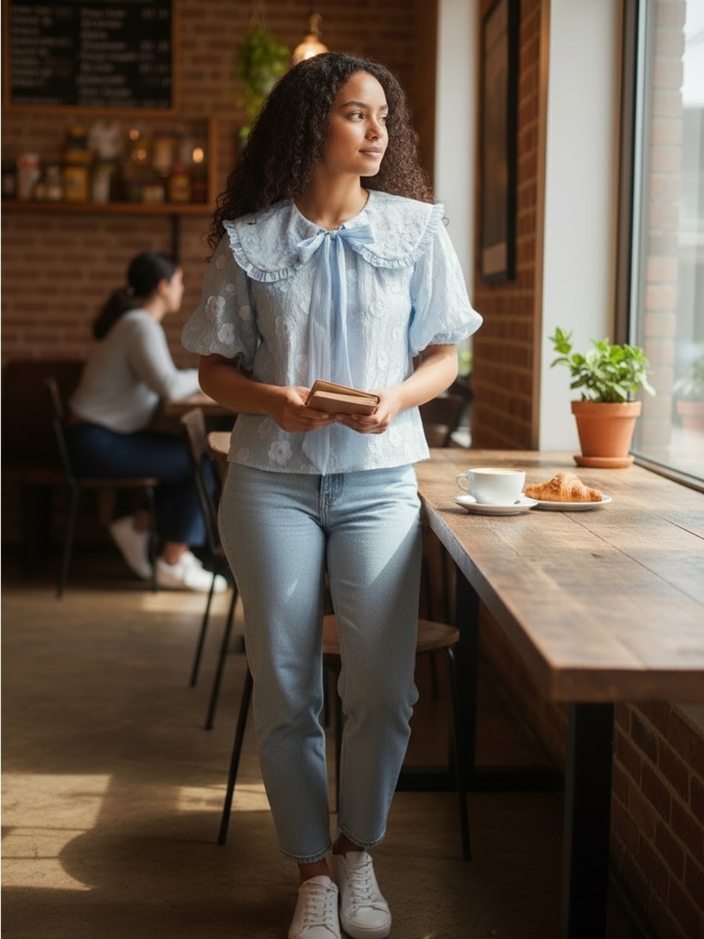 610. Peach Love California Light Blue Ruffled Peter Pan Collar Blouse